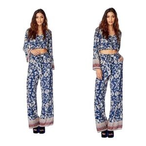 Lost + Wander Muse Mixed Print Pant Long Wide Leg Waist Tie Pull-On Navy Indigo